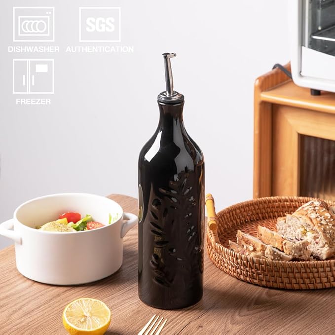 Sweejar Large Olive Oil Dispenser Bottle with Spout, 24 Oz Ceramic Oil Dispenser for Kitchen, Relief Opaque Oil Cruet, Oil Container for Cooking, EVOO, Avocado Oil, Vinegar, Pack of 1(Black)