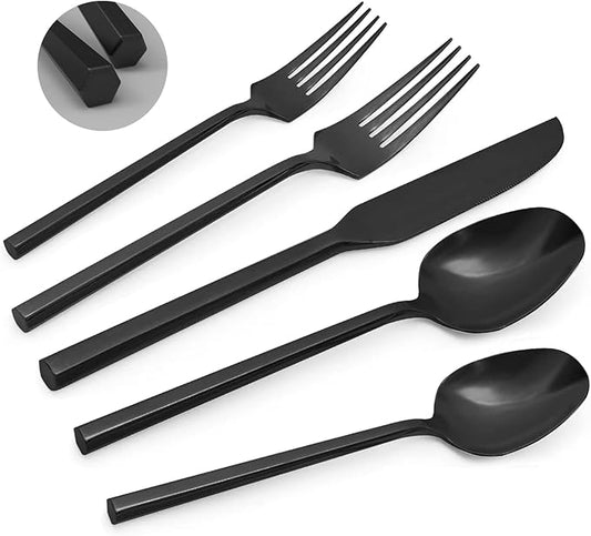 Black 20 Piece Stainless Steel Silverware Set, Handle Flatware, Modern Mirror Finish Cutlery Set, Service for 4, Dishwasher Safe