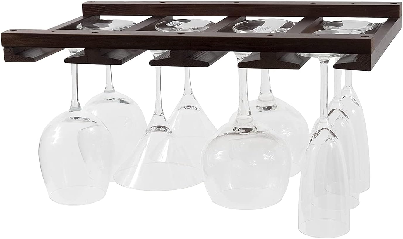 Rustic State Eze 4 Sectional Wood Under Cabinet Wine Glass Holder Wine Glass Rack Hanging Shelf Stemware Bar Organizer - 12 Wine Glass Storage - 10 Inch Deep - Chestnut Stained