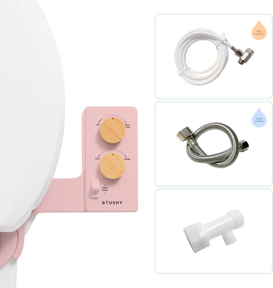 TUSHY 3.0 Spa Cool to Warm Water Bidet Attachment. Easy Universal Toilet Seat Install, Requires Sink Connection for Temperature Control. Fresh Self Cleaning Clean Water (Pink/Bamboo)
