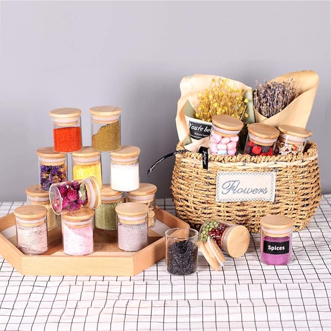 Spice Jar Set,2.5oz 20 Piece Glass Jar with Bamboo Airtight Lids and Labels, Mini Clear Food Storage Containers for pantry, kitchen canisters for Tea, Herbs, Sugar, Salt, Coffee