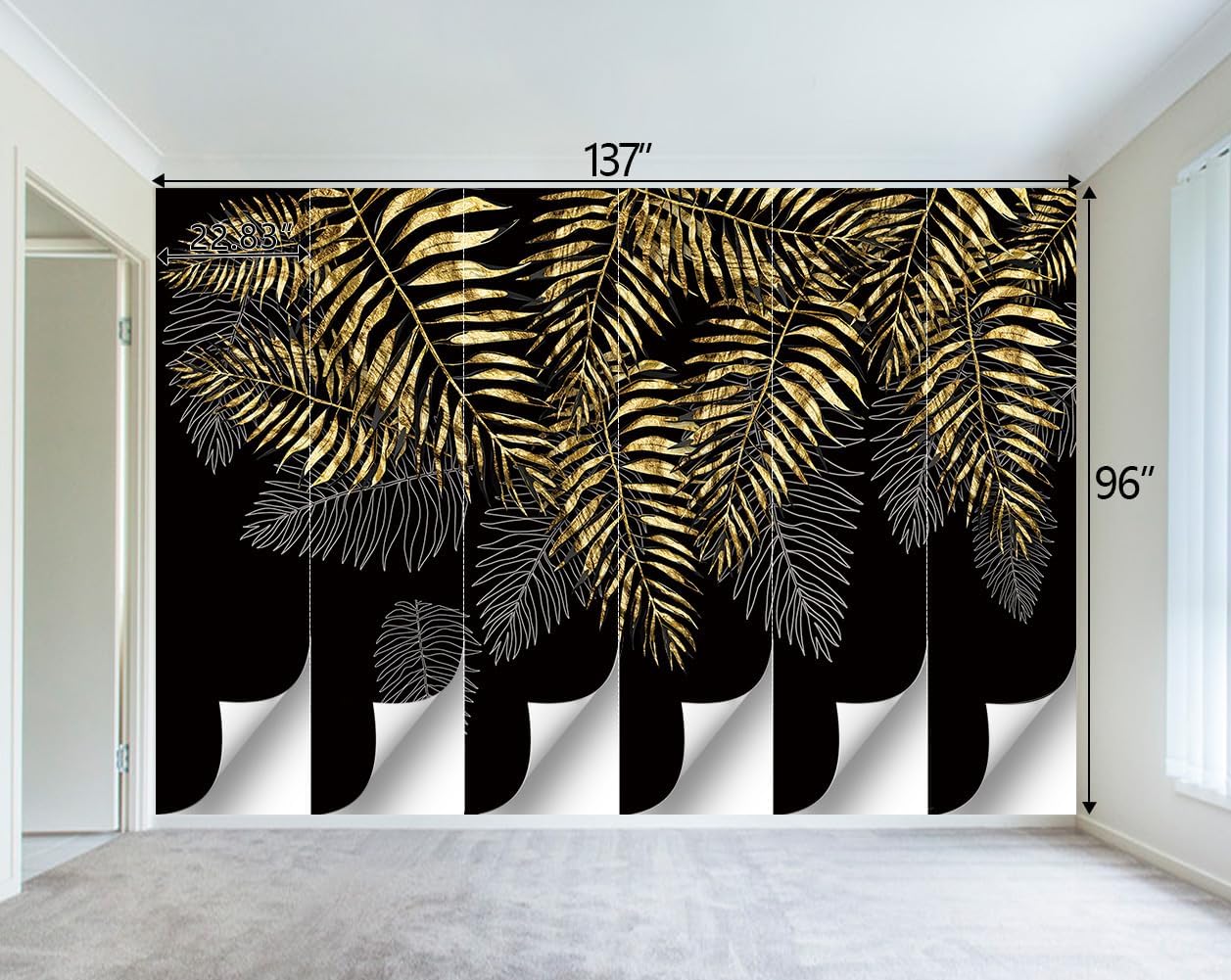 Black and Gold Leaf Mural Bedroom Tropical Botanical Wallpaper Room Plant Decor Living Room tv Background Large Wall Mural - 137"x96" (Not Peel and Stick)