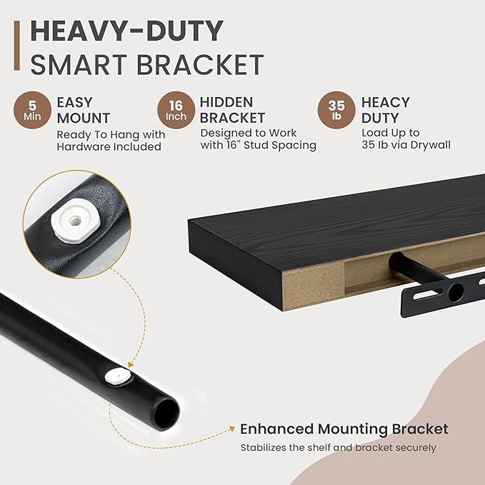 30 Inch Floating Shelves, 8 Inch Deep Floating Shelves for Wall, Hanging Shelf with Invisible Brackets, Deep Shelves for Bathroom, Bedroom, Living Room, Black, Set of 2