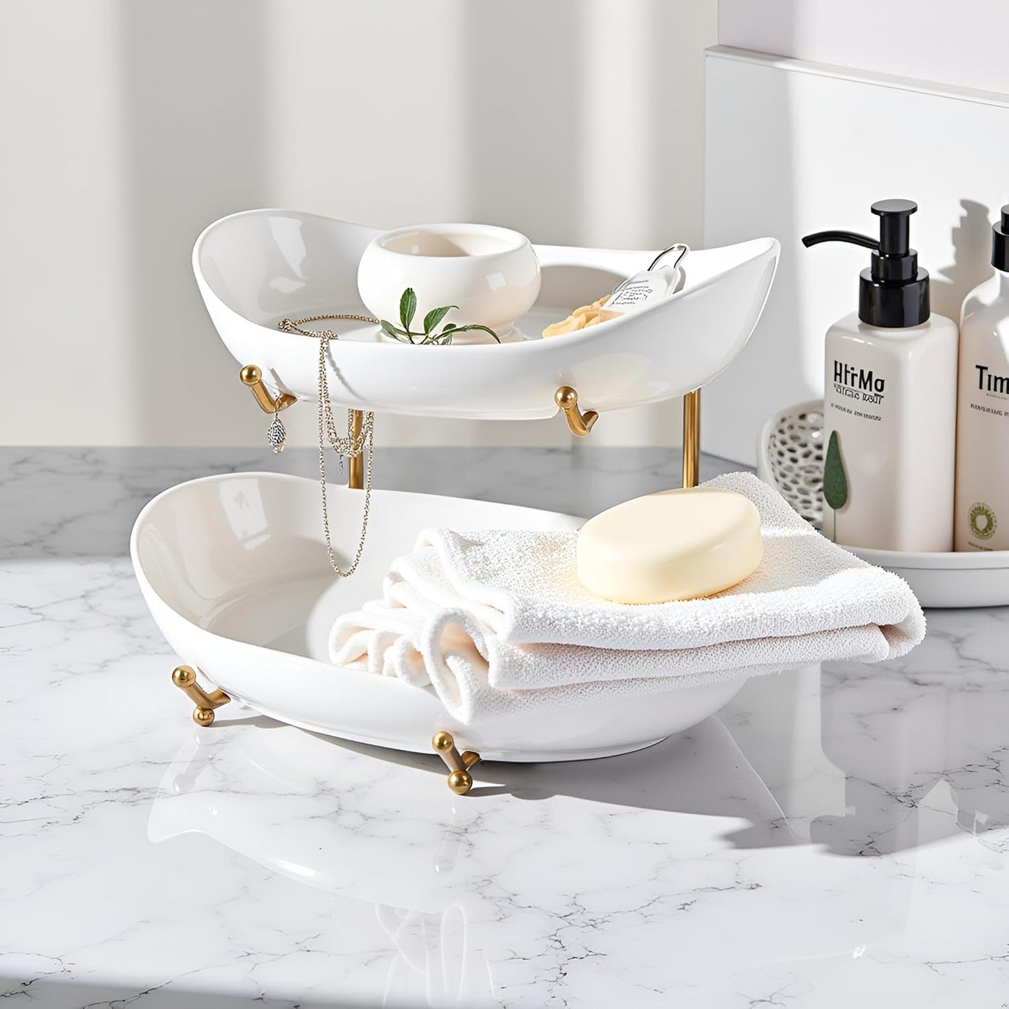 HBlife Extra Large Fruit Basket for Kitchen Counter - 2 Tier Ceramic Fruit Bowl with Metal Stand, Bathroom Countertop Organizer, Tiered Serving Trays for Party