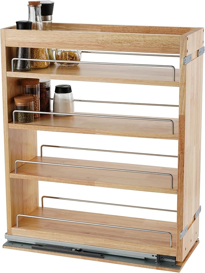 DINDON Pull Out Spice Rack Cabinet Organizer, (8" W x 21.9" D x 25.2" H) Multi-Use Soild Wood Pull Out Cabinet Organizer Slide Out Shelf Sliding Base Cabinet Storage Organization