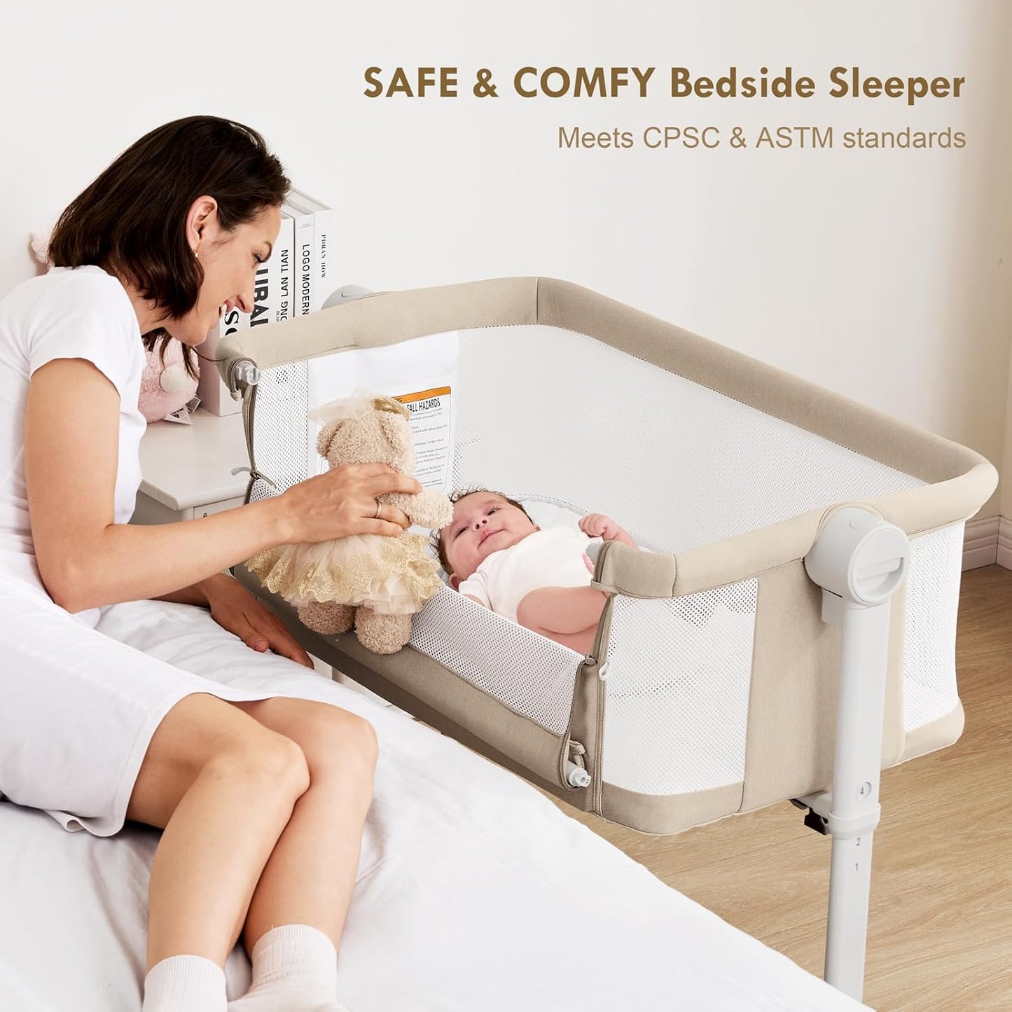 Bassinet Bedside Sleeper - All-Mesh Design, Portable Bedside Bassinet for Baby with Washable Mattress, 5 Adjustable Heights（Beige）