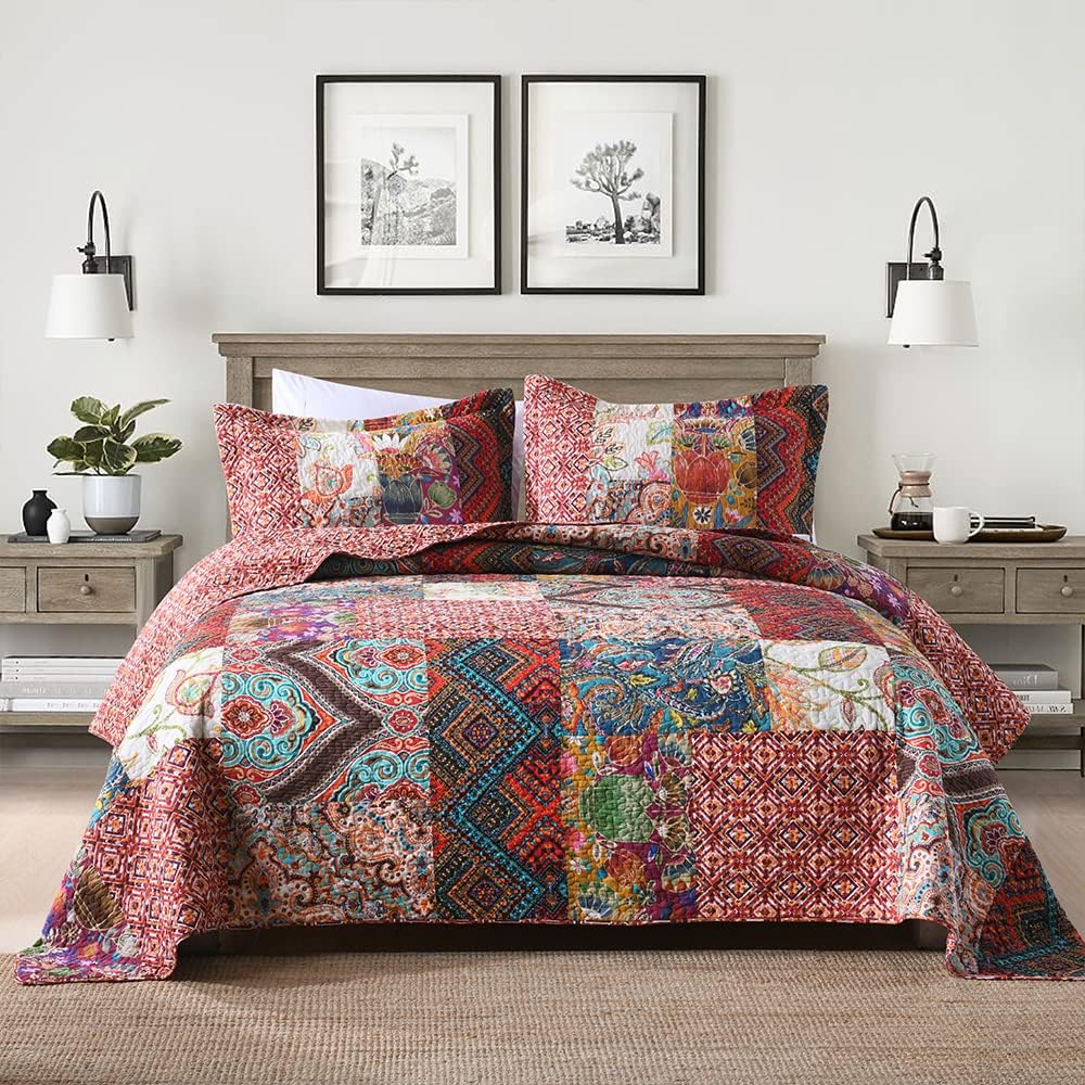 Autumn Dream Cotton Patchwork Bedspread Quilt Sets, Reversible Bedding Coverlet Sets, Red Gorgeous Vintage Pattern, QueenSize