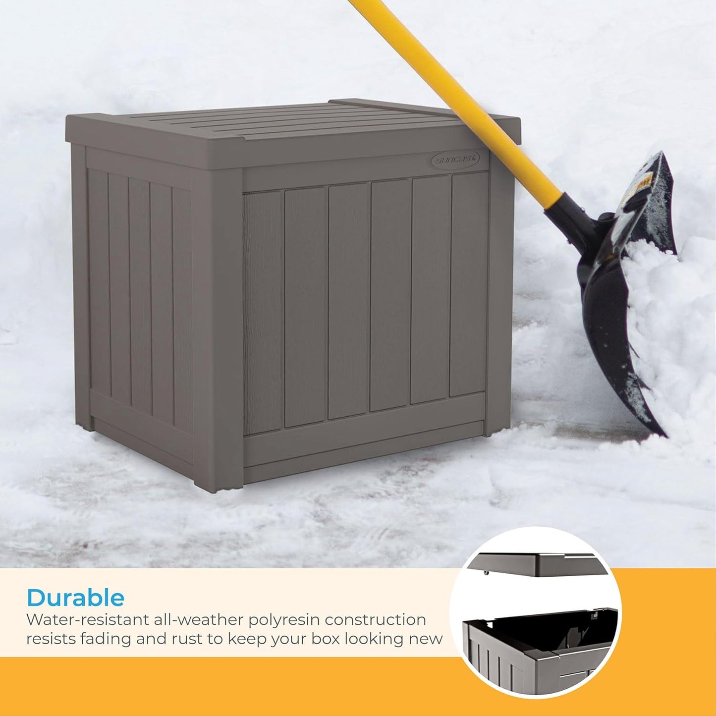 Suncast 22-Gallon Small Deck Box - Lightweight Resin Indoor/Outdoor Storage Container and Seat for Patio Cushions and Gardening Tools - Store Items on Patio, Garage, Yard - Stone Gray, Made in the USA