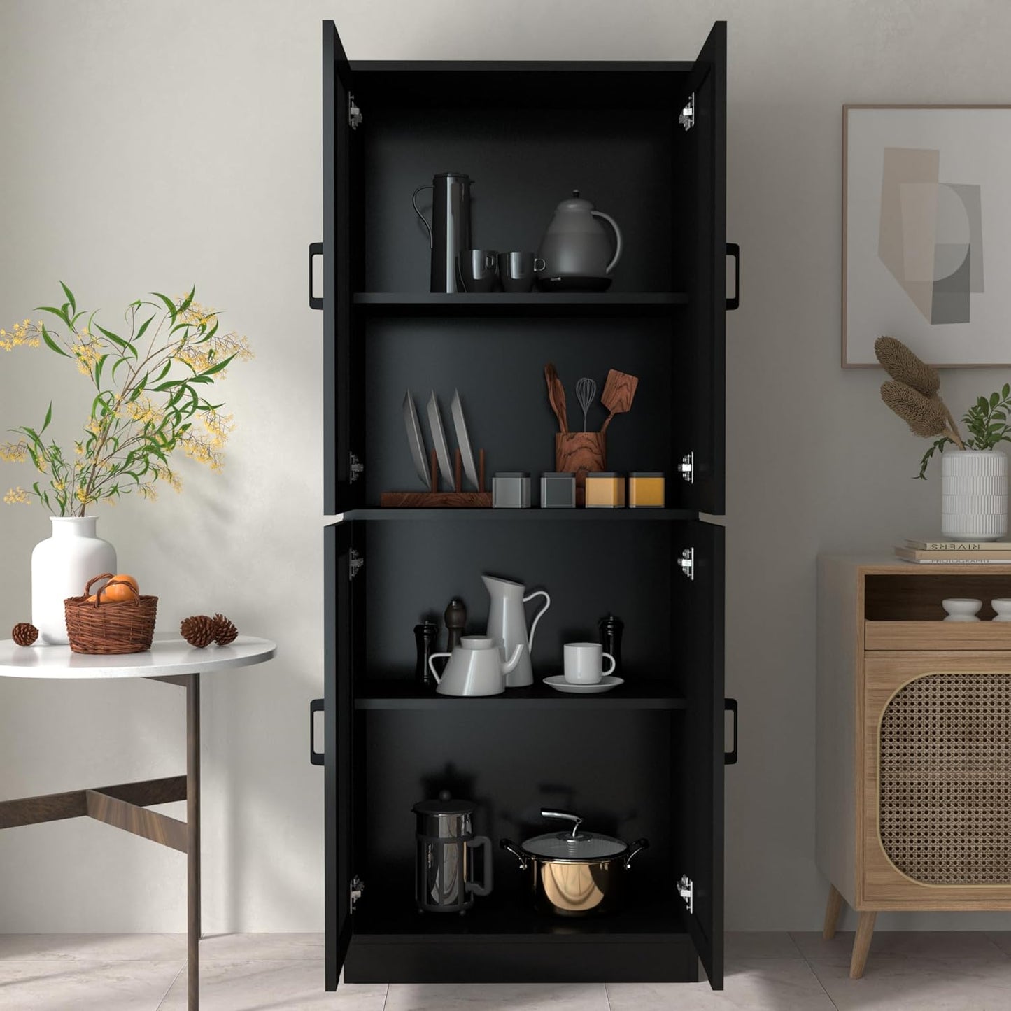 Black Kitchen Pantry, 71" Tall Cabinet with Doors, Hutch with Storage for Dining Room