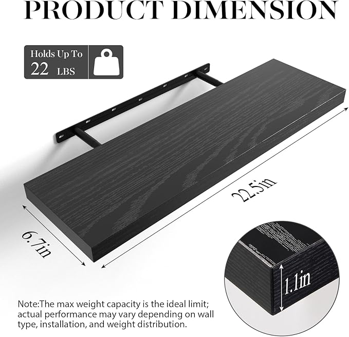 BAYKA Floating Shelves for Wall, 22.5 inches Wall Mounted Rustic Wood Shelves for Bathroom, Bedroom, Living Room, Floating Shelves for Books/Storage/Decor (Black,Set of 3)