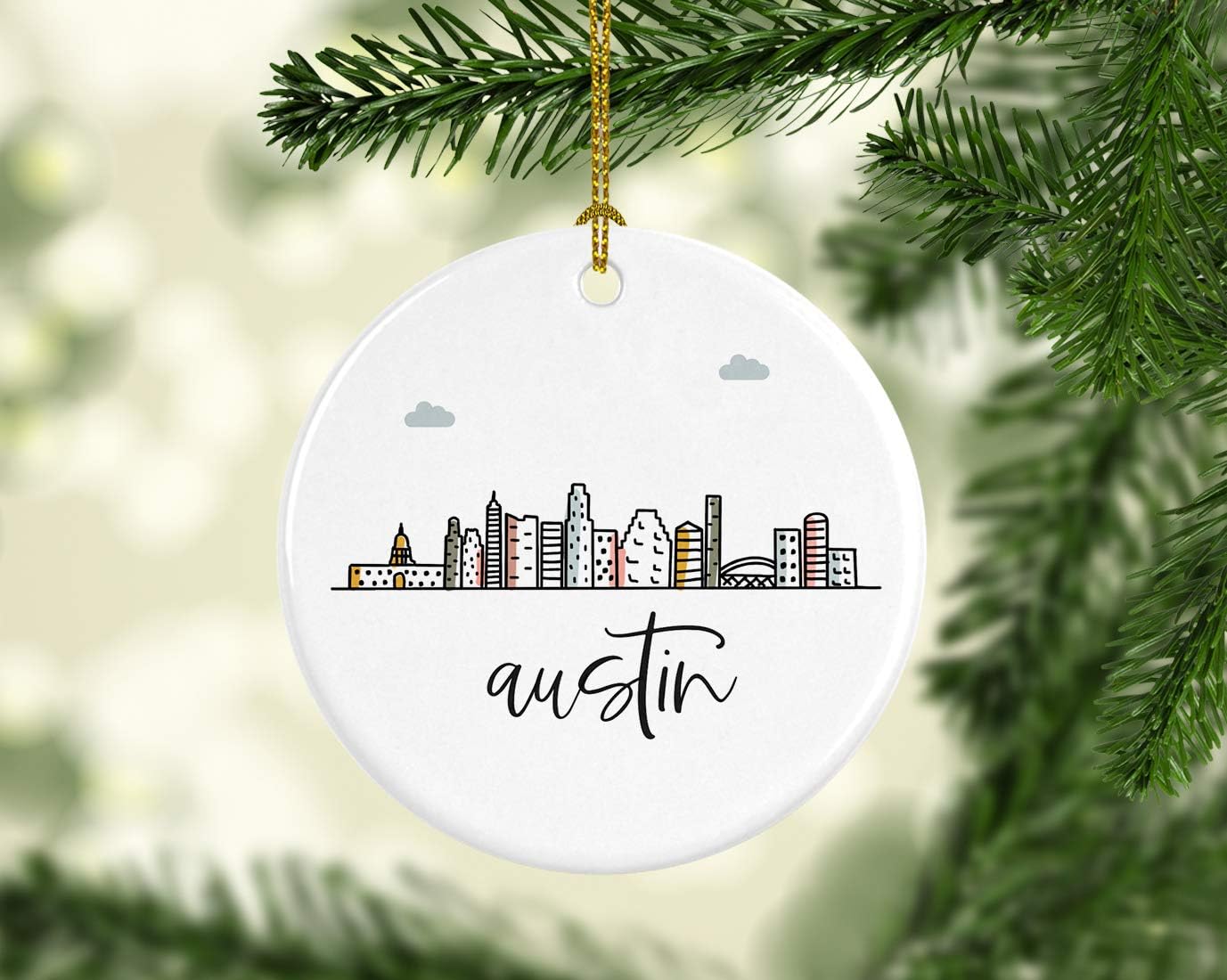 Andaz Press Round Ceramic Porcelain Christmas Tree Ornament Keepsake, Austin Colorful City Skyline Graphic, 1-Pack, Birthday Gift Ideas Family Coworker Him Her, Includes Gift Box