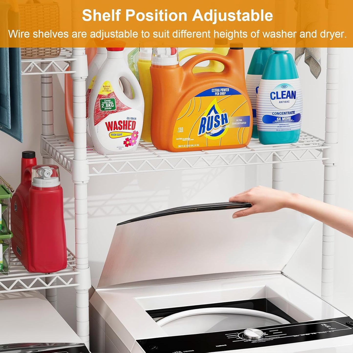 U14 Over Washer and Dryer Storage Shelves, 4 Tiers Laundry Room Storage and Organizer System, Space Saving Clothes Drying Rack with 2 Clothes Hanger Rods, 66.5" W x 20.5" D x 77.4" H, White