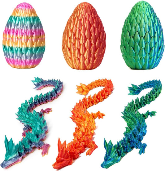 3PCS 3D Printed 12” Articulated Crystal Dragon Inside 5.1” Egg – Fantasy Collectible, Fidget Toy & Stocking Easter Basket Stuffers for Home & Office Decor (3pcs - Rainbow)