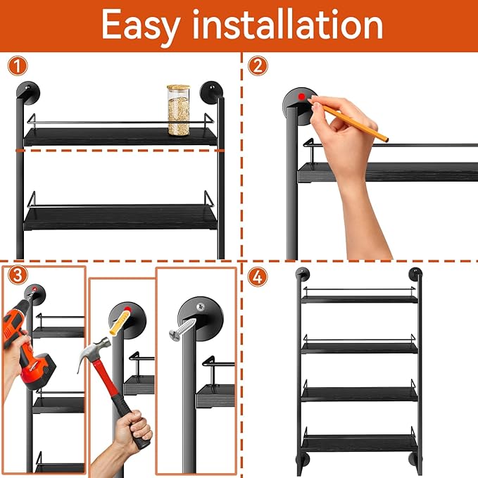 IBUYKE Spice Rack Wall Mount,4 Tier Hanging Seasoning Organizer, Spice Rack for Wall for up to 50 Jars,Spice Organization for Kitchen Cabinet,Living Room,Bathroom,Pantry,Black UTLJ016B