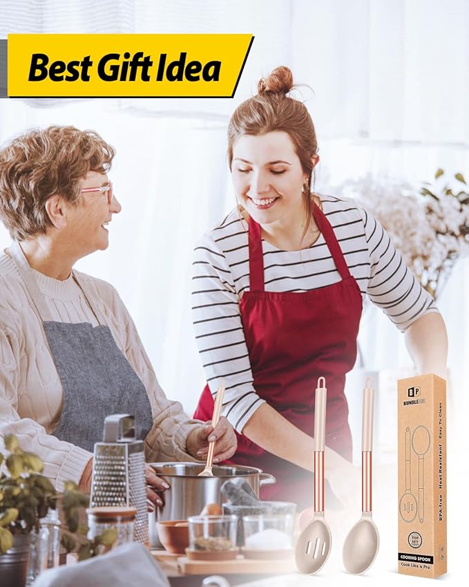 Pack of 2 Large Silicone Cooking Spoons,Non Stick Solid Basting Spoon,Heat-Resistant Kitchen Utensils for Mixing,Serving,Draining,Stirring (ROSE GOLD KHAKI)