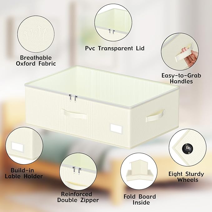 Under Bed Storage with Wheels, No Assemble Required 10 inches height Under Bed Storage bins,Large capacity Rolling Under bed Shoe Storage containers，dorm under bed storage drawers