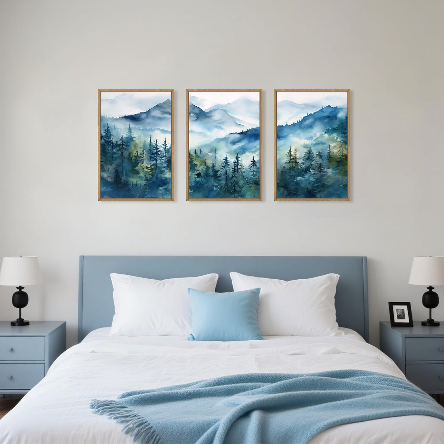 Celestdeco Blue Ridge Mountains Forest Framed Canvas Wall Art Set, Natural Landscape Wall Decor, Green Pine Trees Wall Painting, Woodland Artworks for Living Room, Bedroom, Dining Room - 16"x24"x3