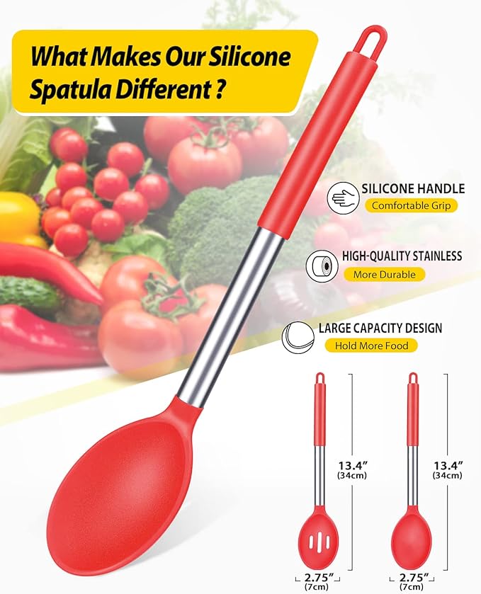 Pack of 2 Large Silicone Cooking Spoons,Non Stick Solid Basting Spoon,Heat-Resistant Kitchen Utensils for Mixing,Serving,Draining,Stirring (RED)