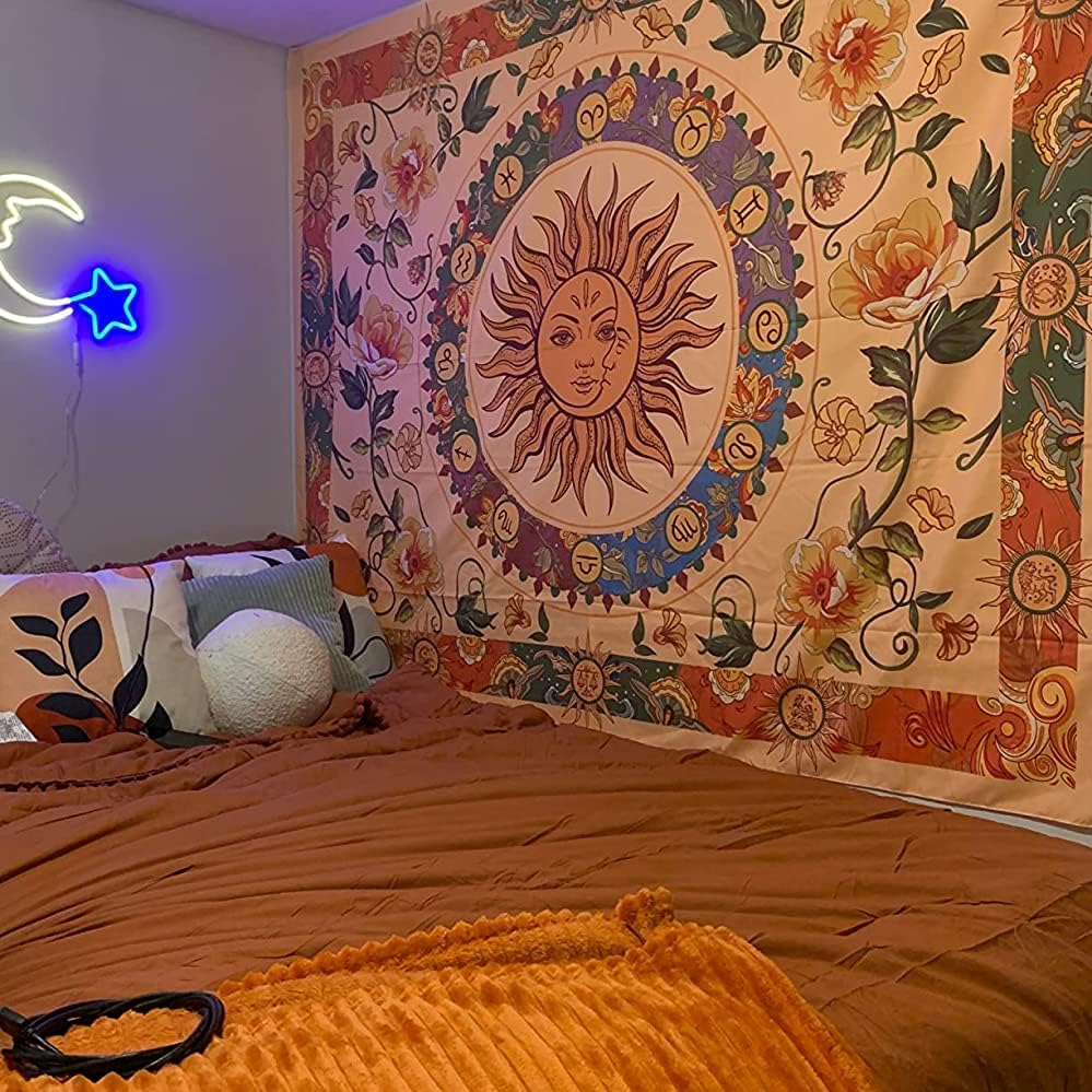 Aipon Yellow Sun and Moon Tapestry Hippie Indie Tapestries Boho Orange Flower Floral Tapestry Wall Hanging Cool Vintage Aesthetic Wall Tapestry for Bedroom Living Room Dorm (48'' × 36'', Orange)