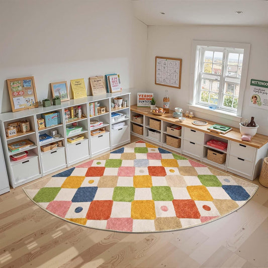 jinchan Kids Rug for Classroom 7ft Radius Corner Washable Area Rug Modern Colorful Quarter Circle Rug Soft Non-Slip Carpet for Nursery Playroom Daycare Reading Nook Living Room Circus on Cream