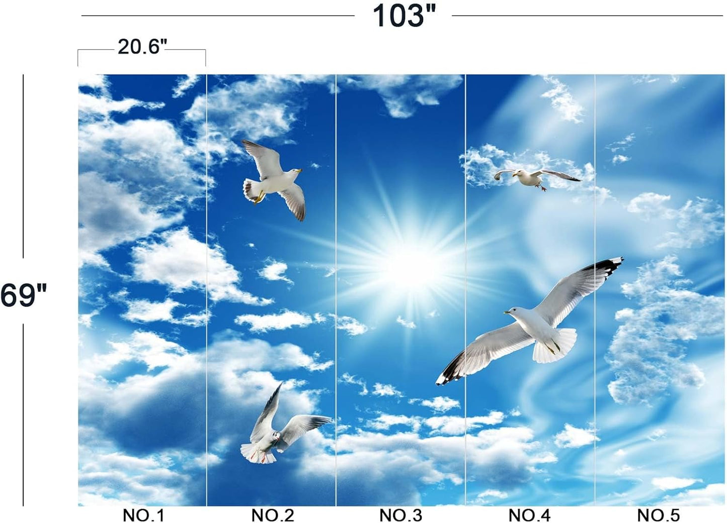 Blue Sky, White Clouds, Sunshine Seagull Ceiling Wall Mural Wallpaper 103" x 69"