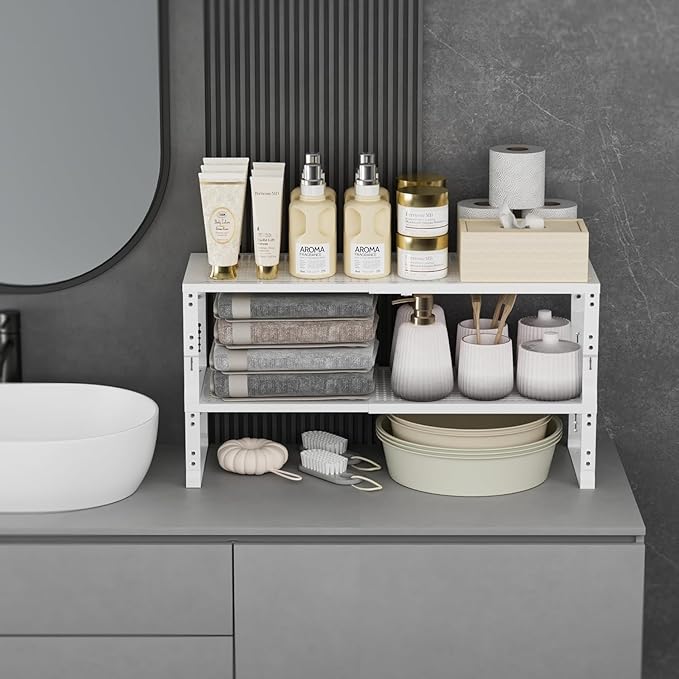 Expandable Spice Rack,Stackable Storage for Cabinet, Multi-Functional Kitchen Shelving,Height-Adjustable,Sustainable Organizer Solution(2Packs/White/Medium)