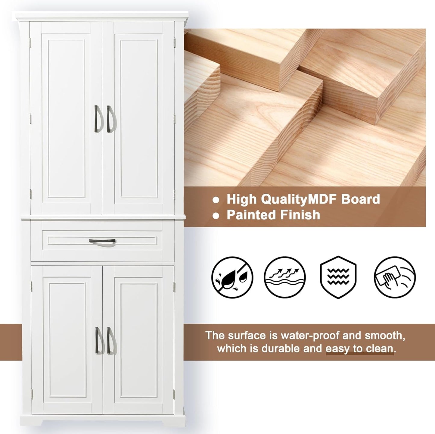 72.2" Tall Storage Cabinet with 4 Doors and Drawer, Freestanding Linen Cabinet, Wooden Pantry with Adjustable Shelf for Kitchen, Bathroom, Living Room White