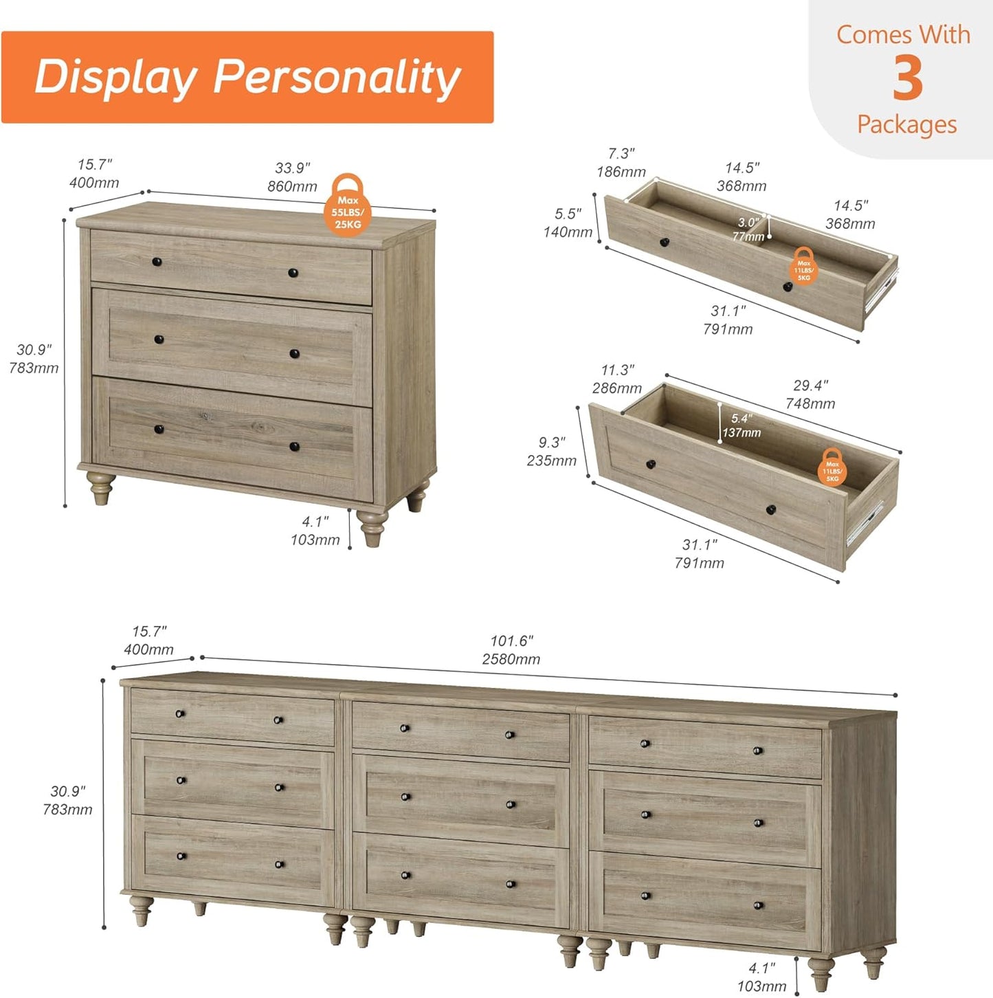 WAMPAT Dresser for Bedroom with 9 Drawers, Kids Dressers with Wide Chest of Drawers, Modern Wooden Closet Storage Organizer, Large Wood Dressers for Living Room, Nursery, Hallway, Rustic Oak