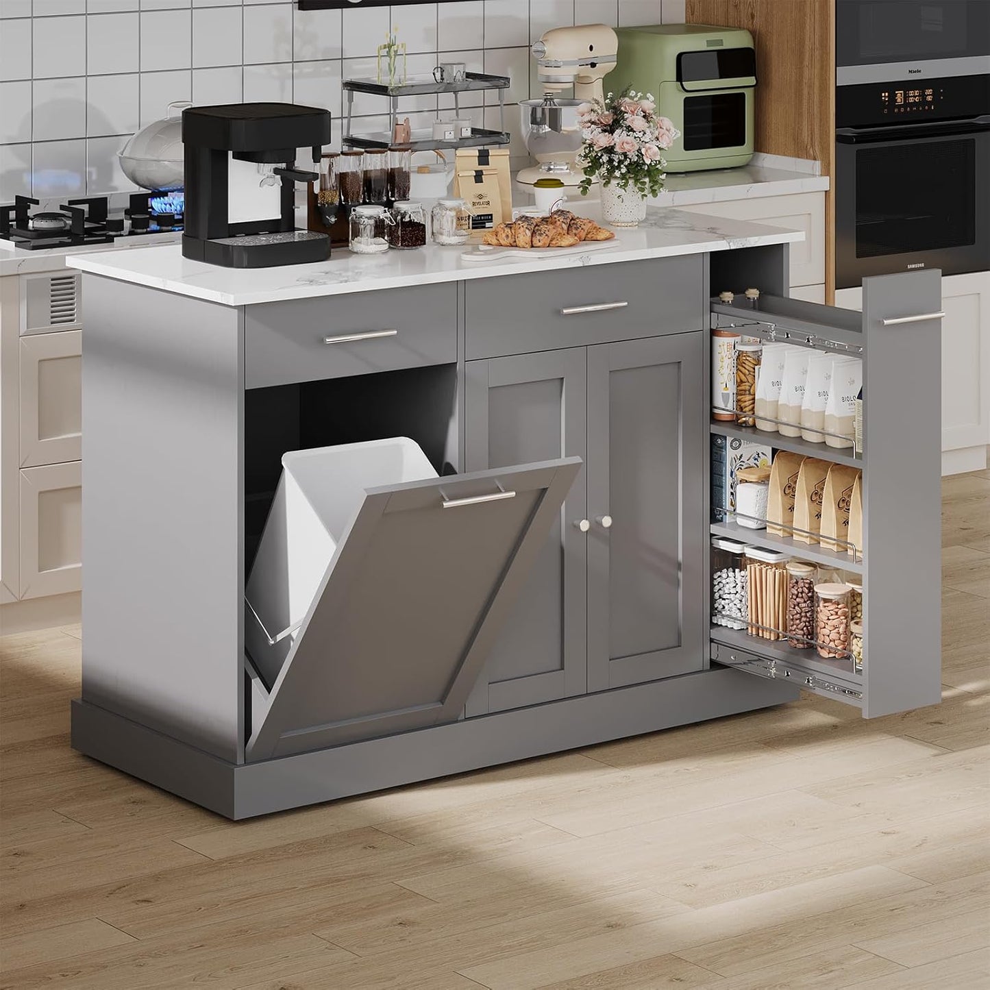 4 EVER WINNER Kitchen Island with Trash Can Storage, Kitchen Islands on Wheels with Marble Countertop, Portable Island Cart for Kitchen, Gray