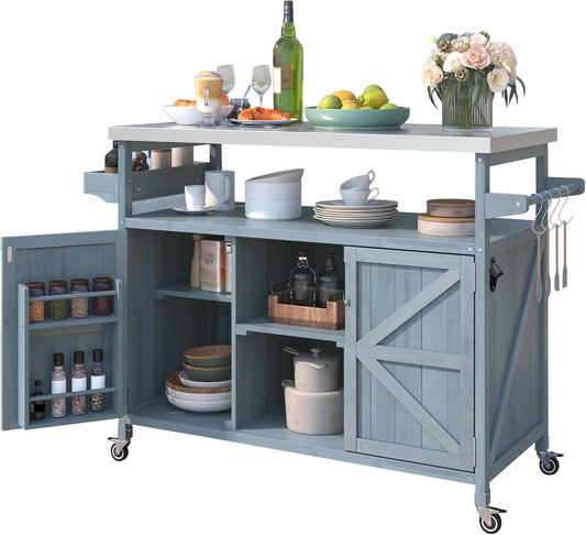 Outdoor Kitchen Island, Rolling Bar Cart & Storage Cabinet, Farmhouse Solid Wood Outdoor Grill Table with Stainless Steel Top, Spice Rack, Towel Rack for Kitchen & BBQ, Grey Blue