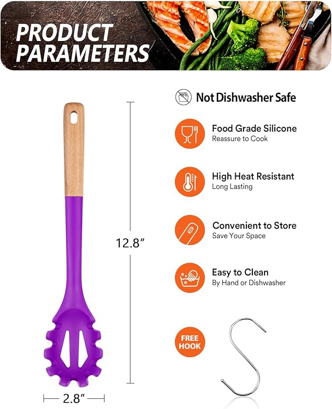 Silicone Pasta Fork, Kitchen Heat Resistant Noodle Spoon Server, BPA Free Spaghetti Strainer,12.8 inch (BERRY)