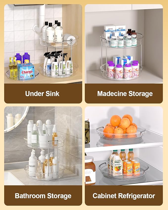 2 Pack Lazy Susan Organizer 9.25''and 11.81'' Two-Tier Lazy Susan Turntable for Cabinet, Spice Rack, and Pantry Storage - Spinning Makeup Organizer for Bathroom, Clear