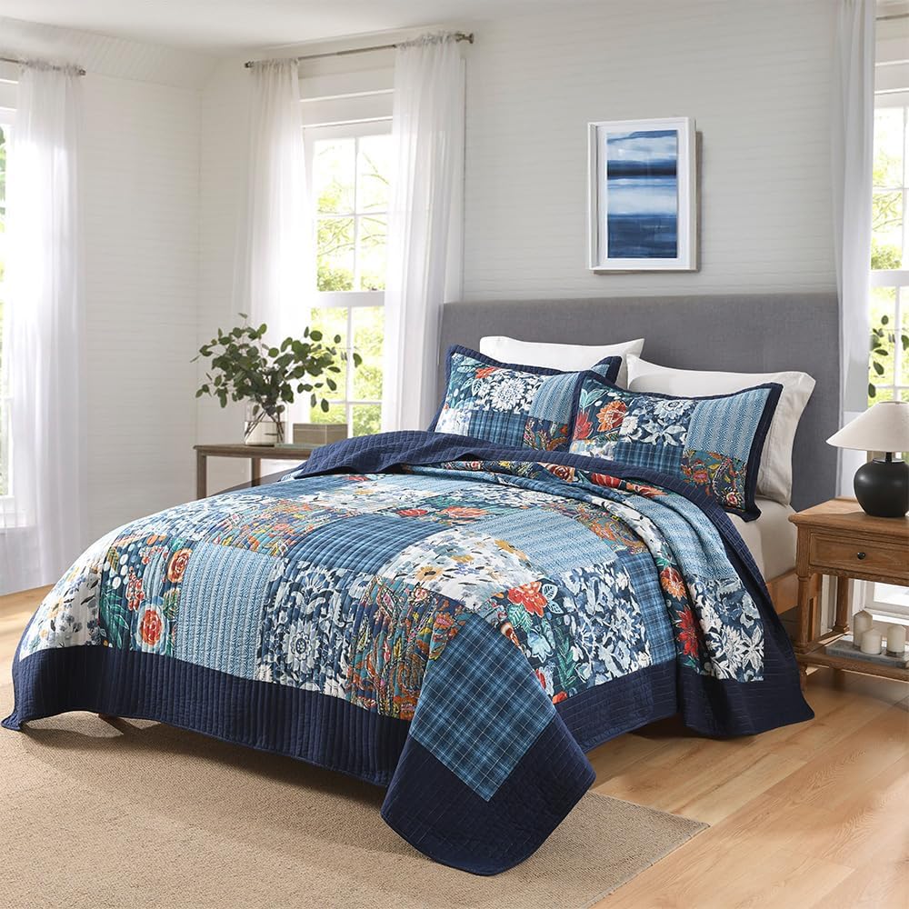 Autumn Dream Cotton Bedspread Quilt Sets Reversible Bedding Coverlet Sets, Luxury Vintage Paisley Floral Patchwork Blue Bedspread, Queen Size