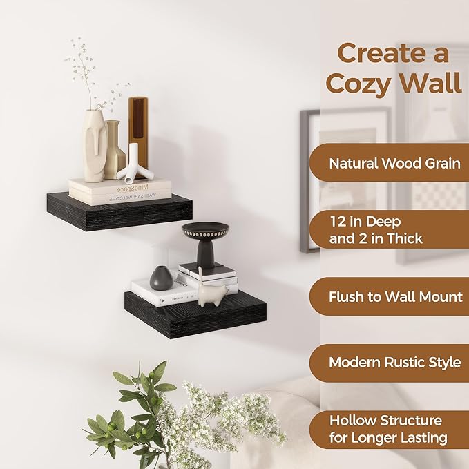 Fun Memories 12 Inch Floating Shelf, Rustic Wood Wall Shelves for Wall Decor & Storage, 12 x 12 Floating Shelf for Living Room, Bathroom, Bedroom, Black, Set of 2