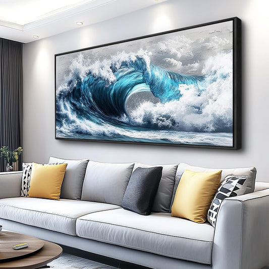 PHAOHUAXM Large Canvas Blue Wave Paintings Wall Art For Living Room Wall Decoration For Bedroom Ocean Wall Pictures Printing Office Decorations Posters Modern Home Decor Black Framed 30x60 In
