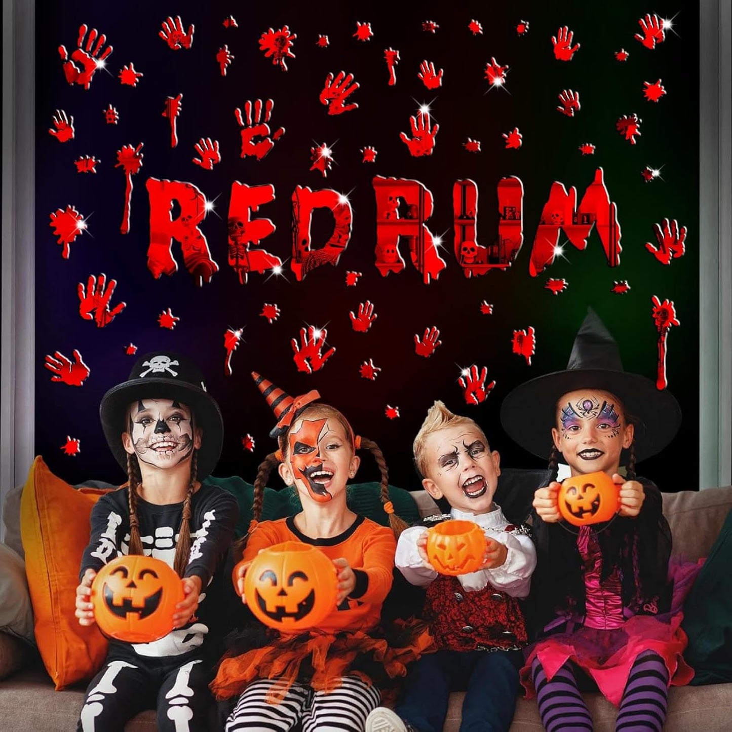 Halloween Decorations Stickers for Wall Bloody Handprint Decals for Bathroom Mirror Acrylic Halloween Party Supplies Decal Peel and Stick Scary Red Blood Stickers for Haunted House Party Home Office