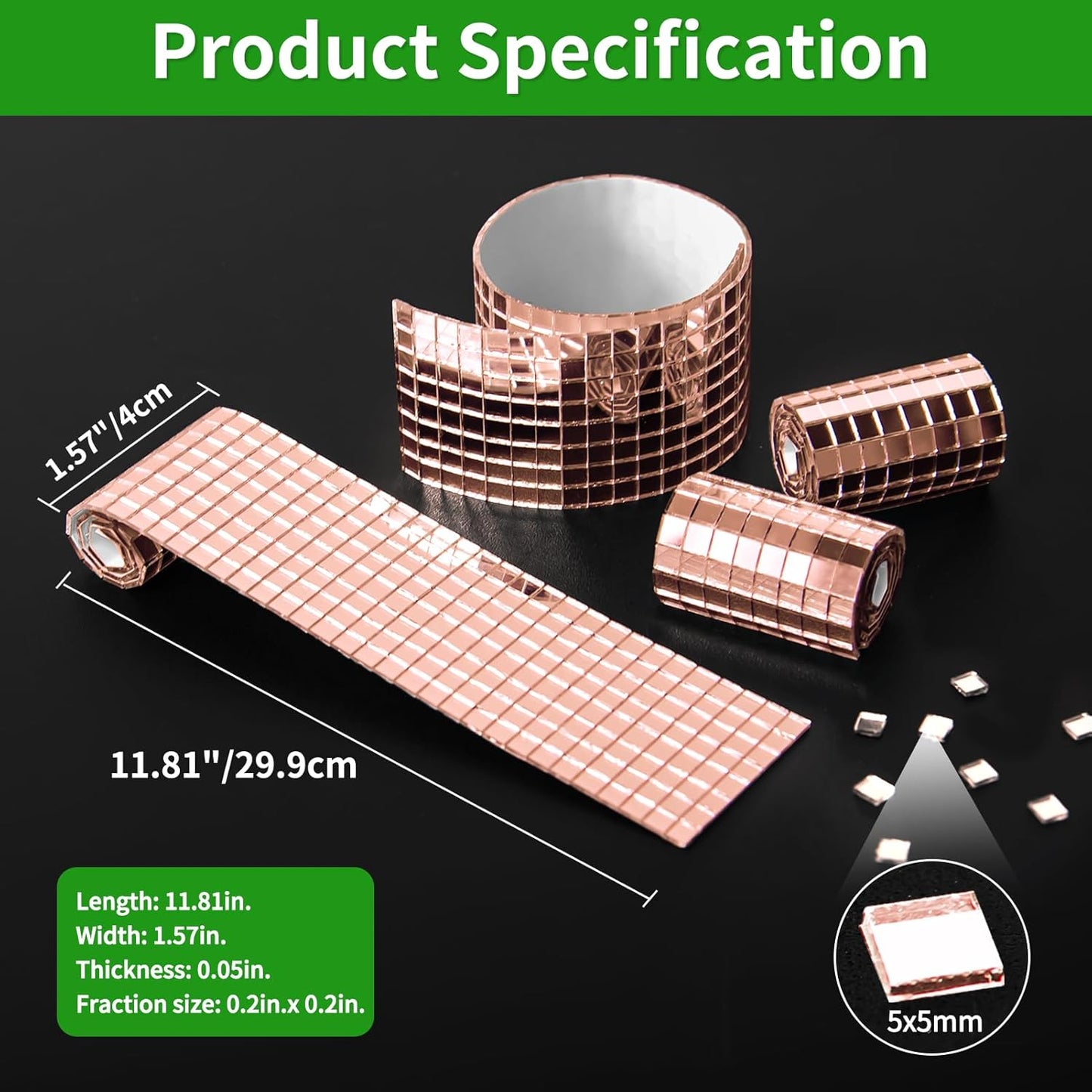 LONGKING 3776 Pieces Self-Adhesive Mirror Tiles, Square Mirror Stickers Mosaic Tiles, Glass DIY Craft Decoration, Disco Ball Tiles(Rose Gold)