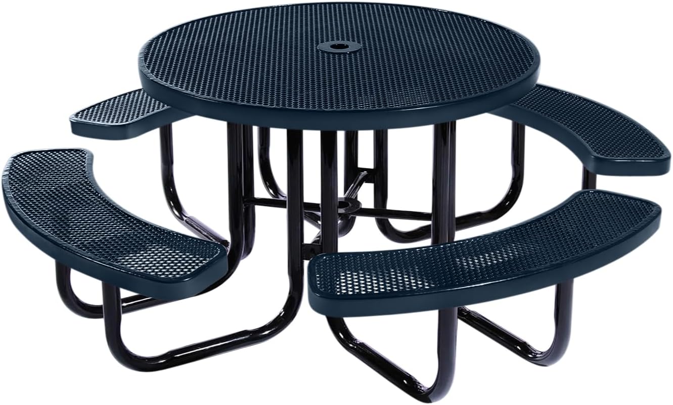 Heavy-Duty Portable Outdoor Picnic Table with Umbrella Hole, Punched Steel Commercial-Grade Patio Dining Furniture Made in America (46" Round Top, Dark Blue)