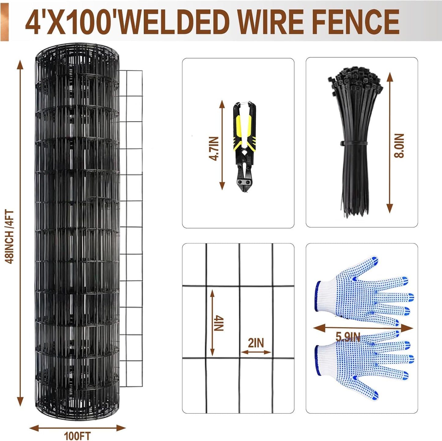 Tongmo 4 ft x 100 ft Black PVC Coated Welded Wire Fence, 16GA Garden Chicken Wire Fence Roll, Mesh Size 2" x 4" Hardware Cloth, Ideal for Yard Protection and Poultry Netting