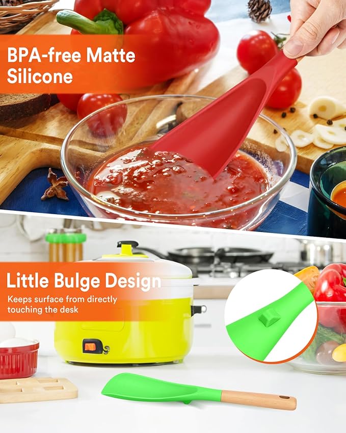 Cooking Spoon for Nonstick Cookwares, Great for Cooking and Serving Sturdy BPA-Free Matte Silicone, Wood Handle Spoon for Mixing, Scoop, and Scrape (AGR, 11.4 inch)