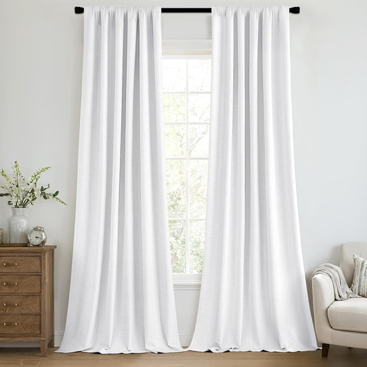 MIULEE 100% Blackout Curtains 90 Inch Long 2 Panels Set for Bedroom, Thick Faux Linen Black Out Curtain Room Darkening Back Tab Pleat Window Textured Drapes with Hooks for Living Room, Bright White