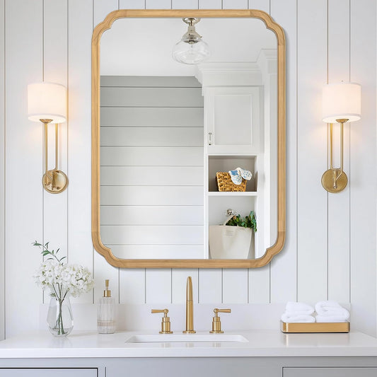 WallBeyond 30" x 40" Rounded Corner Arch Wall Mirror with Wood Frame for Entryway, Living Room or Bedroom Home Decor - Light Woodgrain [30 x 40 inches, Natural Color]