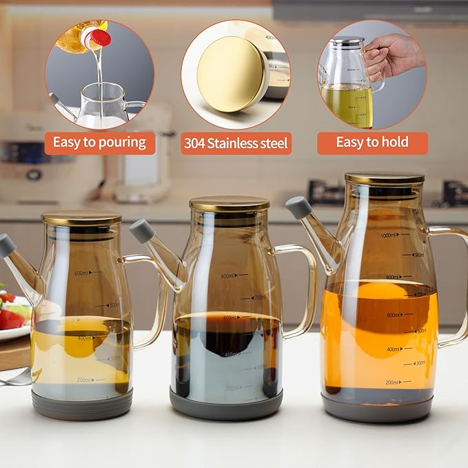 Large Glass Oil Dispenser Bottle for Kitchen Cooking Recipiente Para Aceite De Cocina Olive Oil Vinegar Dispenser Cruet Stainless Steel Lid No Drip Liquid Container (Champagne, 34oz /1000ml)