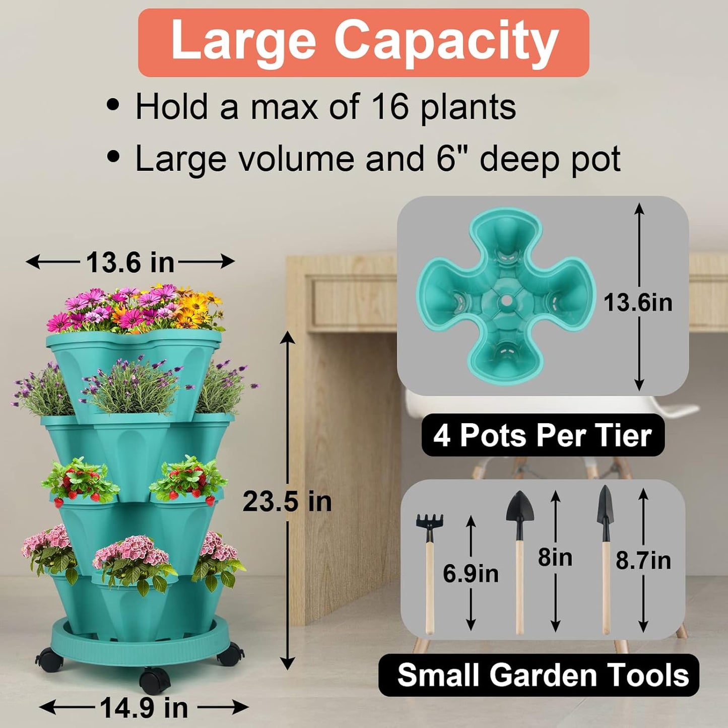 DUNCHATY Stackable Planter, Vertical Garden Planter with Wheels and Tools, Self Watering Strawberry Planter Indoor/Outdoor 4 Tier Herb Planter Pots for Growing Vegetables and Succulents, Teal