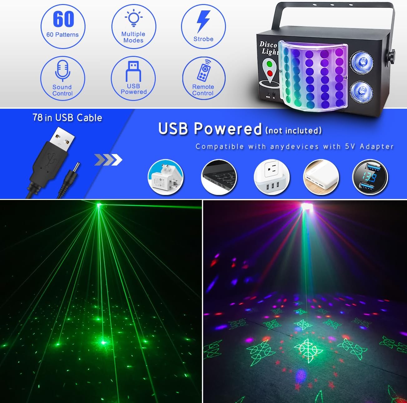 3-in-1 Disco Party Lights, LED DJ Rave Strobe Light, Sound Activated Remote Control Stage Light Projecter Dancing Lights for Wedding Birthday Christmas Holiday Music Show Dance (8.46“*4.52”*5.3“)