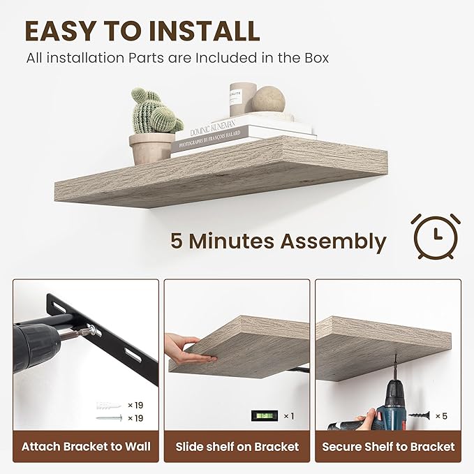 24 Inch Floating Shelves, 11.6 Inch Deep Floating Shelves for Wall, Floating Shelf with Invisible Brackets, Deep Shelves for Bathroom, Bedroom, Living Room, 2 Pack, Vintage Gray Oak