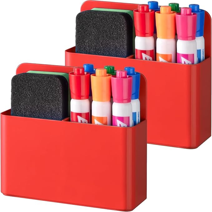 BEYGORM 2 Pack Plastics Magnetic Pen Holder for Refrigerator, Dry Erase Marker Holder for Whiteboard，Magnet School Locker Organizer Accessories, Pencil Cup, Pen Caddy, Classroom Organization(Red)