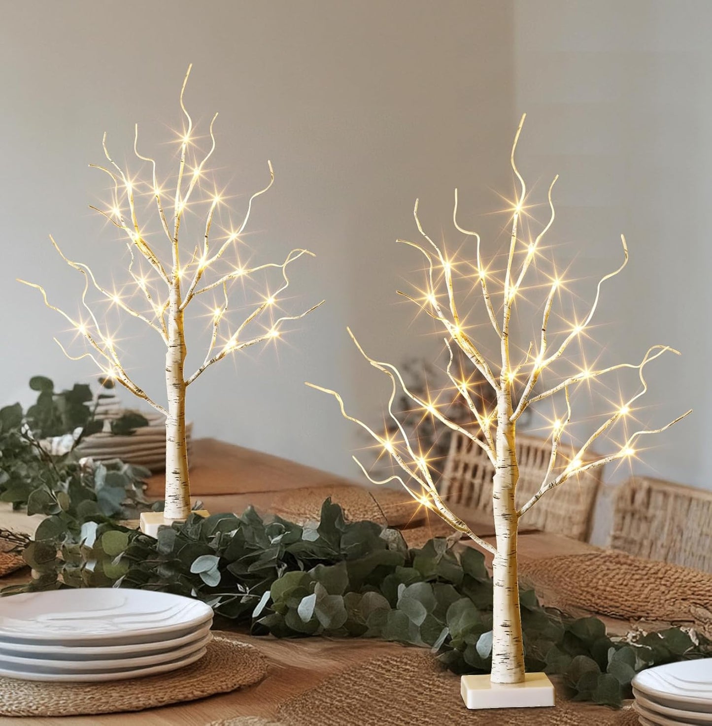 EAMBRITE Lighted Birch Tree Christmas Decorations Indoor for Home, 2Pack 24 LED Battery Operated/USB Tabletop Mini Small Artificial White Trees with Lights for Table Mantel Winter Xmas Decor (2FT)
