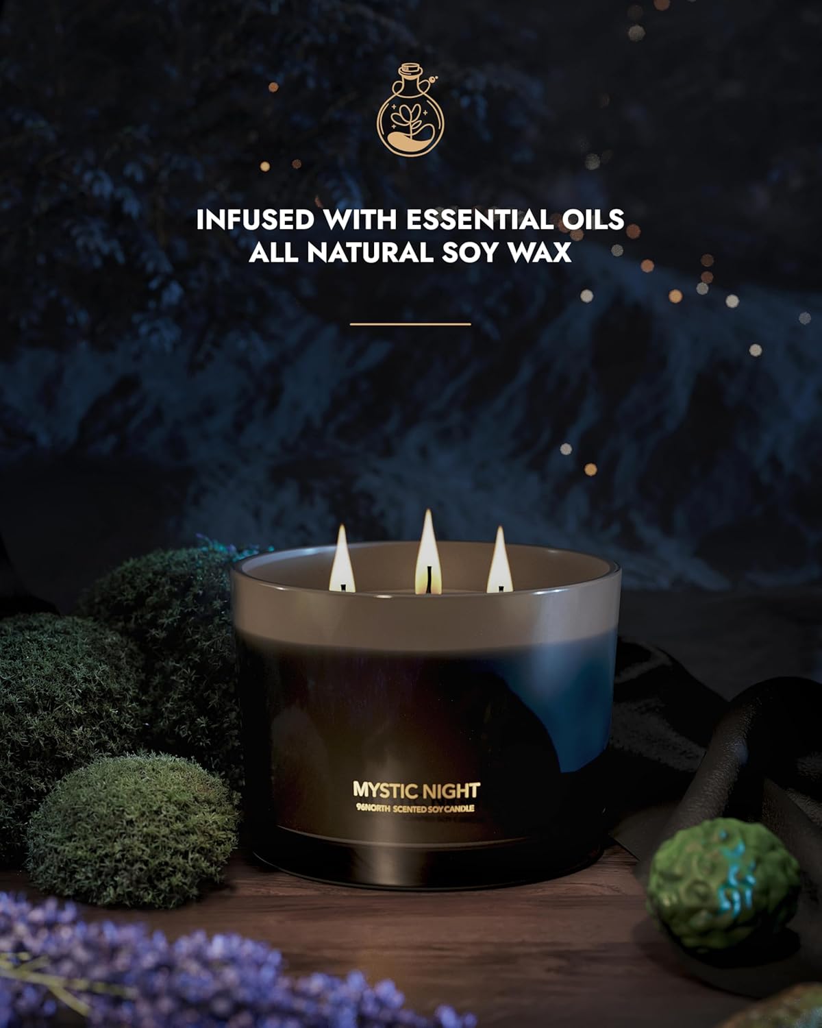 96NORTH Luxury Black Candle | Large 3-Wick Jar Candle | Up to 40 Hours Burning Time | 100% Natural Soy Wax | Relaxing Aromatherapy Aesthetic Candle | Housewarming Gift for Men and Women