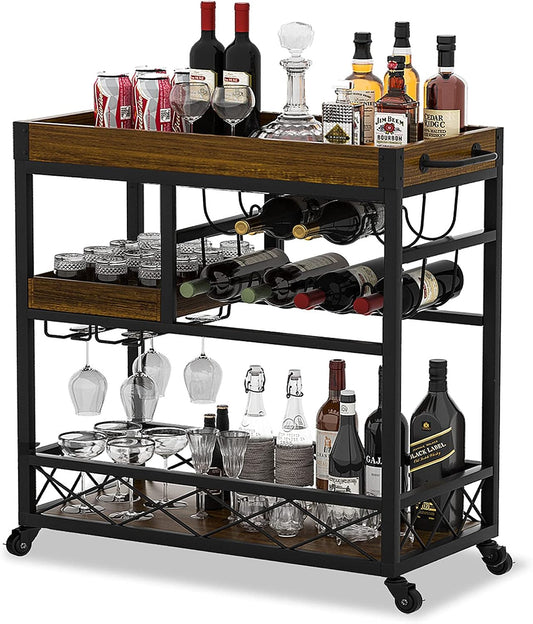 Bar Cart Industrial Kitchen Serving Carts for Home 3 Tier Storage Trolley with Wine Rack Glasses Holder Two Portable Trays Universal Casters with Brakes Rustic Rolling Cart Alcoholic Beverage